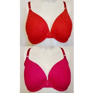 2 Victoria's Secret Perfect Coverage Lined Demi Bras Size 36DD Red & Pink Lace